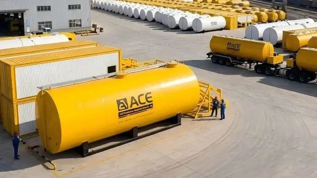 Multiple ACE group horizontal bitumen tanks in a logistics yard, highlighting the brand premium and global supply chain reliability discussed in the pricing analysis