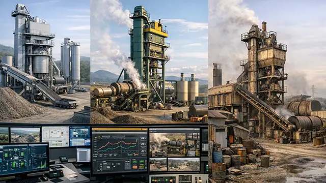 comparative view of asphalt mixing plant maintenance and real-time IoT monitoring dashboard