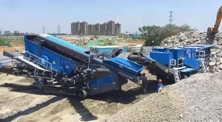 Crawler Impact Crusher Plant AMI1213 + Crawler Mobile Screening Plant AM3600H, Mainly process concrete blocks, output more than 100m³/h