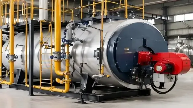 ACE large-capacity thermal oil boiler with extensive yellow pipeline network and blue valve fittings for industrial heating applications