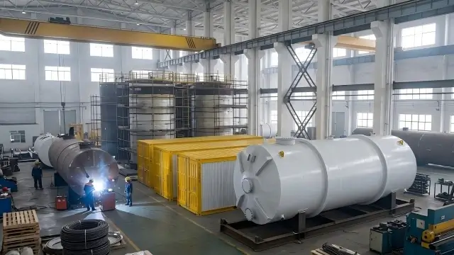A high-capacity manufacturing workshop for bitumen tanks, showing how standardized industrial production and scale contribute to better cost-performance ratios