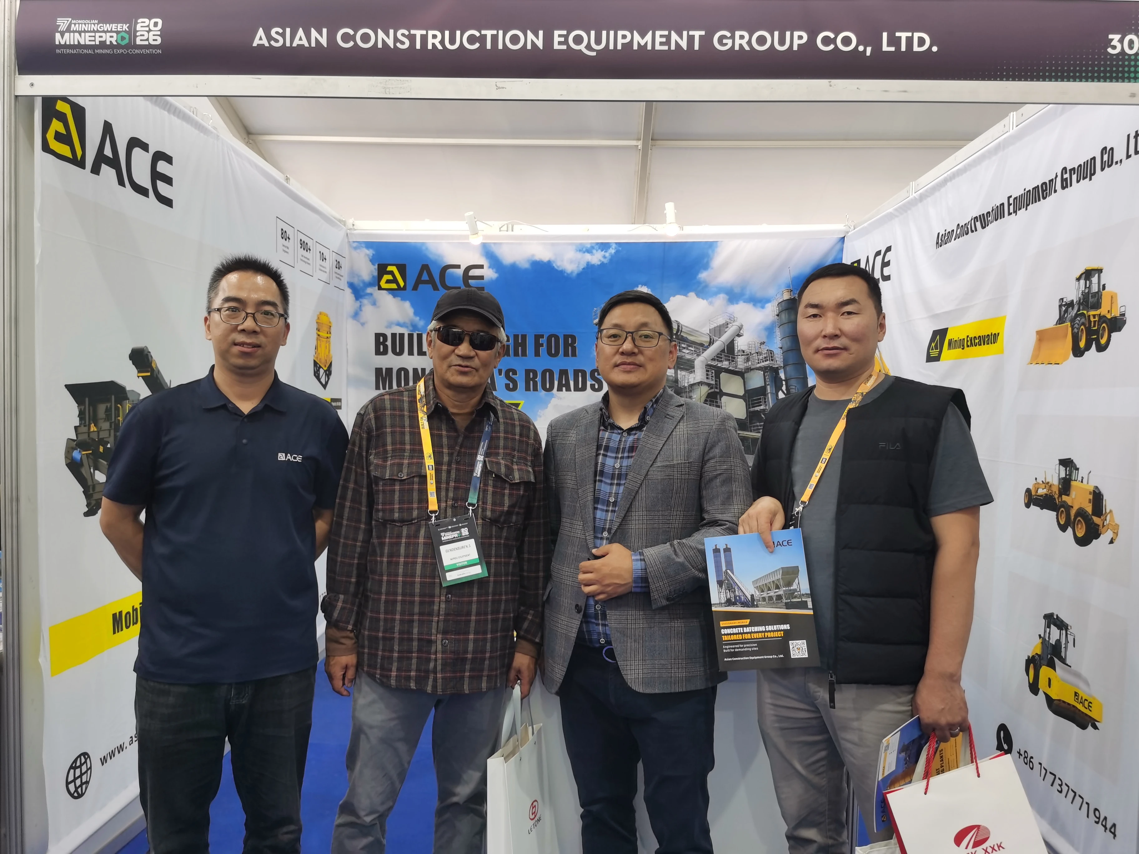 ACE Group booth at Mining Week and MinePro 2026 in Ulaanbaatar, presenting mobile crusher, BAP200+RAP80 recycling plant and mining excavator.