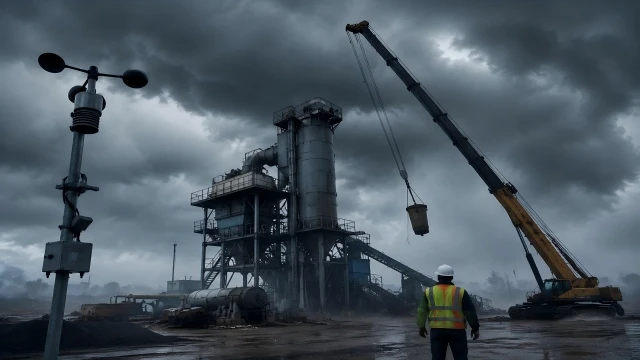 Storm wind at asphalt plant crane operation.